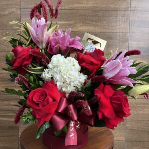 BOX Lírio dobrado, Rosa e Hortênsia Branca + Ferrero Rocher