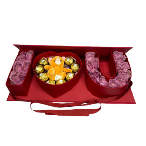 BOX I Love U com Rosas cor de rosa ou vermelha + pelúcia + Ferrero Rocher