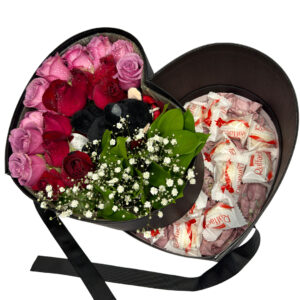 BOX SURPRESA com Rosas Vermelha e Cor de Rosa + pelúcia e chocolate Raffaello