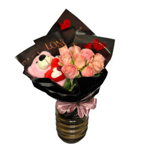 Topiaria 10 Rosas Cor de Rosa + Pelúcia
